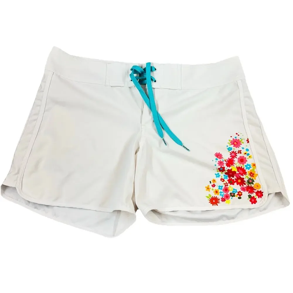 Athleta Floral Trestle Board Shorts Women 10 White Swim Beach Surf Drawstring